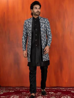 navy black jacquard silk blend green and open sherwani black pyjama set for men with embroidered work 3