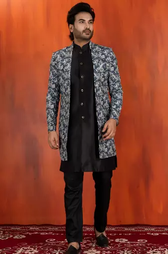 navy black jacquard silk blend green and open sherwani black pyjama set for men with embroidered work