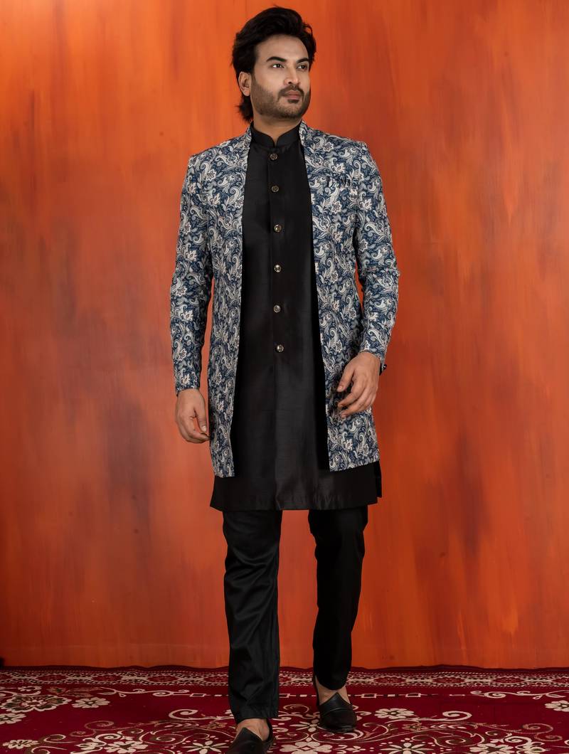 navy black jacquard silk blend green and open sherwani black pyjama set for men with embroidered work
