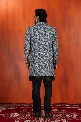 navy black jacquard silk blend green and open sherwani black pyjama set for men with embroidered work 4