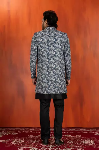 navy black jacquard silk blend green and open sherwani black pyjama set for men with embroidered work