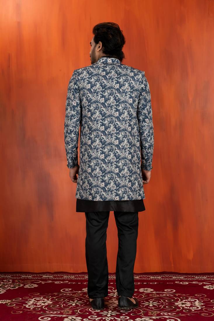 navy black jacquard silk blend green and open sherwani black pyjama set for men with embroidered work