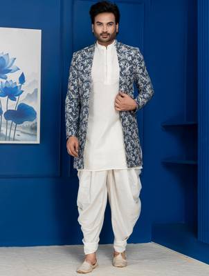 green open sherwani silk blend white kurta dhoti set for men with embroidered work 1