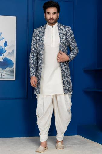 green open sherwani silk blend white kurta dhoti set for men with embroidered work