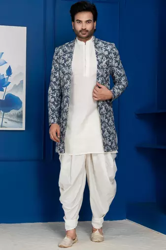 green open sherwani silk blend white kurta dhoti set for men with embroidered work