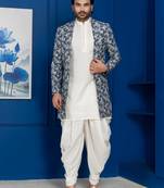 green open sherwani silk blend white kurta dhoti set for men with embroidered work
