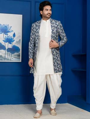 green open sherwani silk blend white kurta dhoti set for men with embroidered work 2