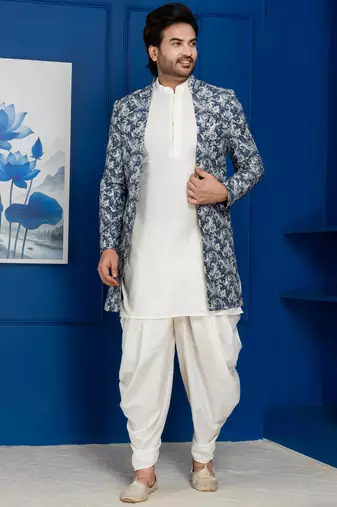 green open sherwani silk blend white kurta dhoti set for men with embroidered work
