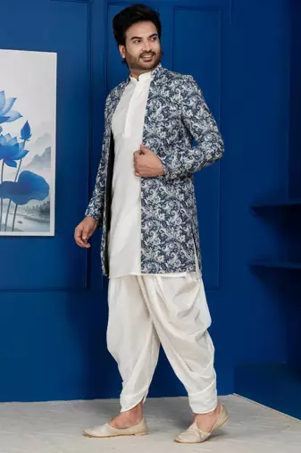 green open sherwani silk blend white kurta dhoti set for men with embroidered work