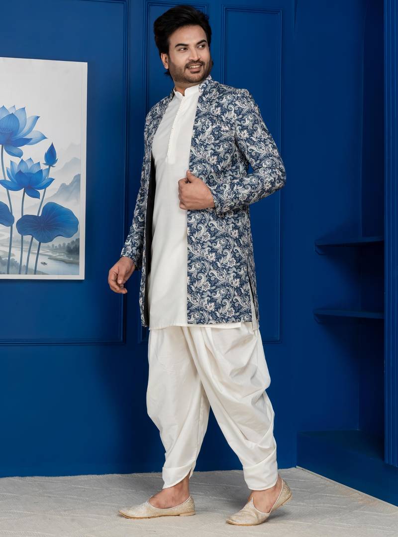 green open sherwani silk blend white kurta dhoti set for men with embroidered work