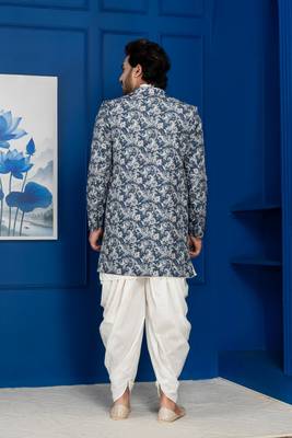 green open sherwani silk blend white kurta dhoti set for men with embroidered work 4