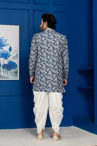 green open sherwani silk blend white kurta dhoti set for men with embroidered work