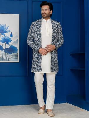 green open sherwani silk blend white kurta pyjama set for men with embroidered work 1