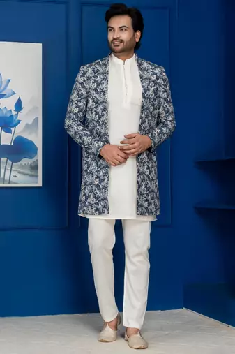 green open sherwani silk blend white kurta pyjama set for men with embroidered work