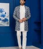 green open sherwani silk blend white kurta pyjama set for men with embroidered work