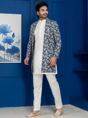 green open sherwani silk blend white kurta pyjama set for men with embroidered work 2