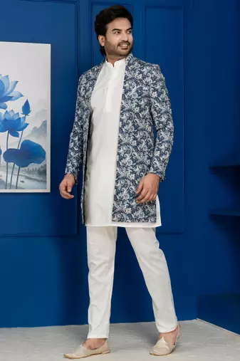 green open sherwani silk blend white kurta pyjama set for men with embroidered work