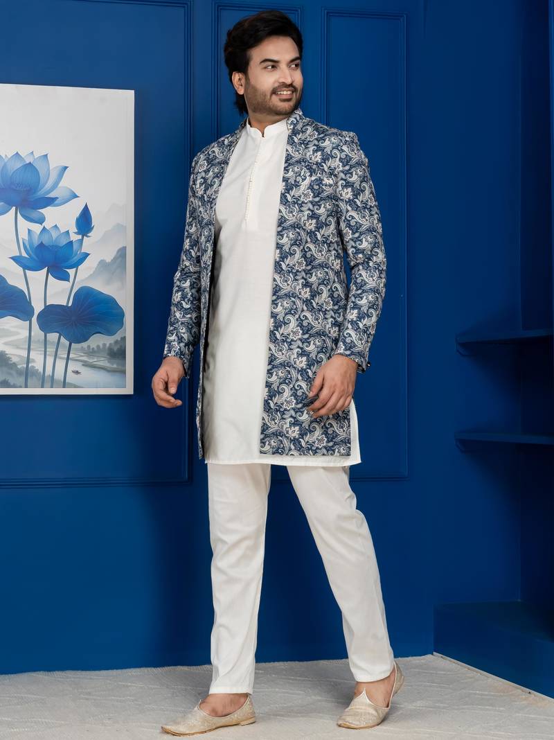 green open sherwani silk blend white kurta pyjama set for men with embroidered work
