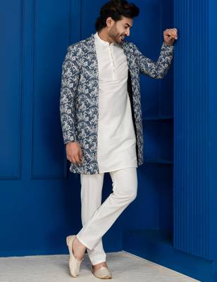 green open sherwani silk blend white kurta pyjama set for men with embroidered work 3