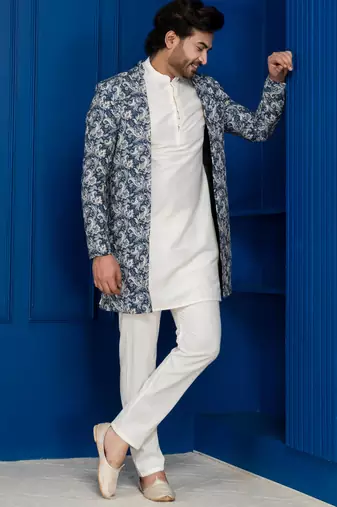 green open sherwani silk blend white kurta pyjama set for men with embroidered work
