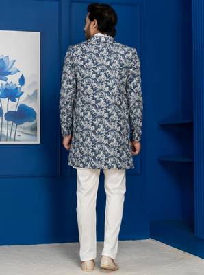 green open sherwani silk blend white kurta pyjama set for men with embroidered work 4