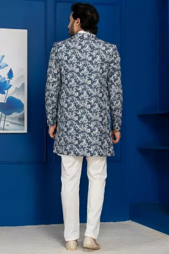 green open sherwani silk blend white kurta pyjama set for men with embroidered work