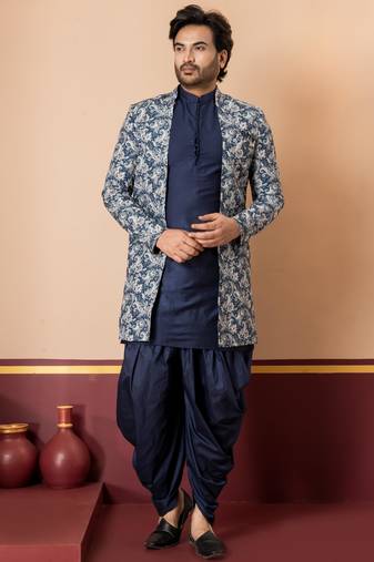 green open sherwani silk blend nevy blue kurta dhoti set for men with embroidered work