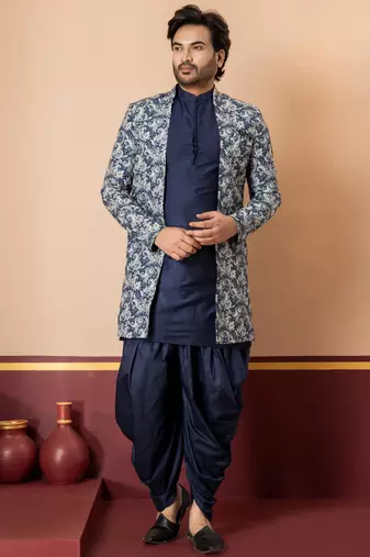 green open sherwani silk blend navy blue kurta dhoti set for men with embroidered work