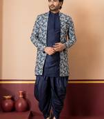 green open sherwani silk blend navy blue kurta dhoti set for men with embroidered work