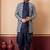 green open sherwani silk blend navy blue kurta dhoti set for men with embroidered work