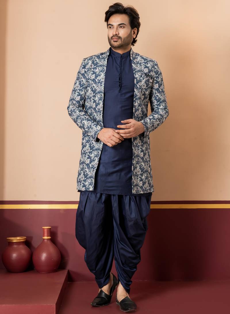 green open sherwani silk blend navy blue kurta dhoti set for men with embroidered work