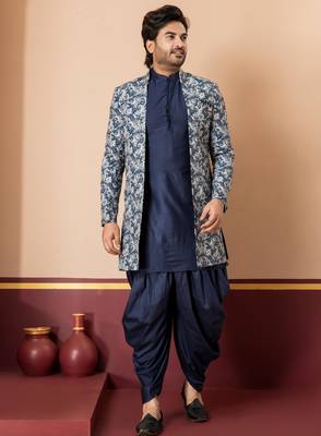 green open sherwani silk blend navy blue kurta dhoti set for men with embroidered work 2