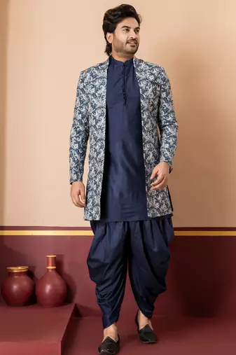 green open sherwani silk blend navy blue kurta dhoti set for men with embroidered work