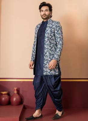green open sherwani silk blend navy blue kurta dhoti set for men with embroidered work 3