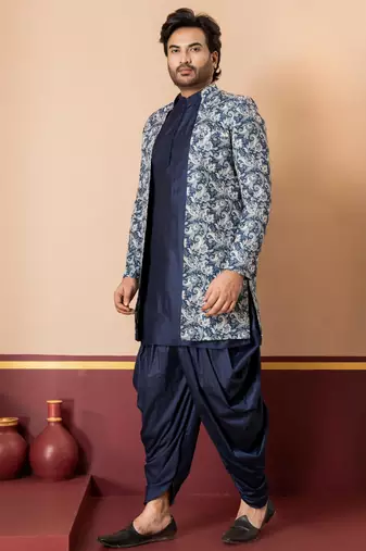 green open sherwani silk blend navy blue kurta dhoti set for men with embroidered work