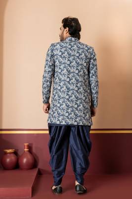 green open sherwani silk blend navy blue kurta dhoti set for men with embroidered work 4