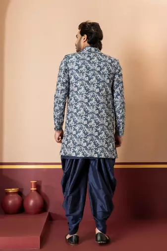 green open sherwani silk blend navy blue kurta dhoti set for men with embroidered work