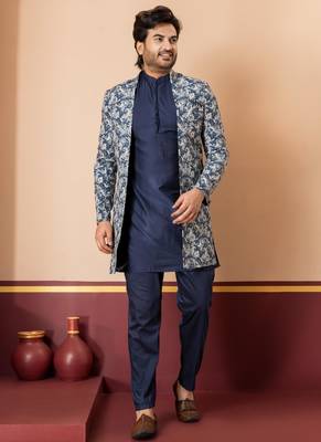 green open sherwani silk blend navy blue kurta pyjama set for men with embroidered work 1