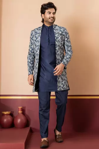 green open sherwani silk blend navy blue kurta pyjama set for men with embroidered work