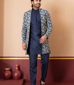 green open sherwani silk blend navy blue kurta pyjama set for men with embroidered work