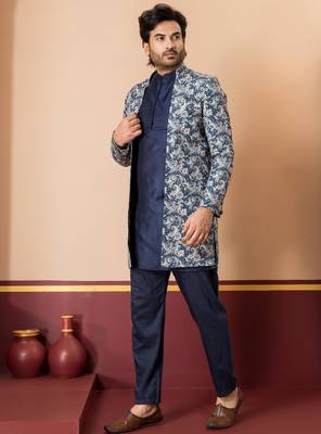 green open sherwani silk blend navy blue kurta pyjama set for men with embroidered work 2