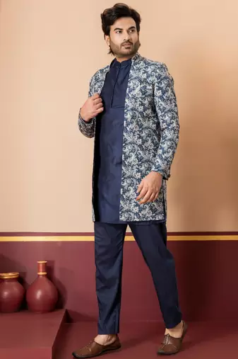 green open sherwani silk blend navy blue kurta pyjama set for men with embroidered work