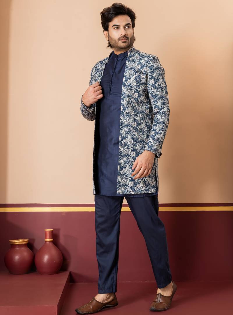 green open sherwani silk blend navy blue kurta pyjama set for men with embroidered work
