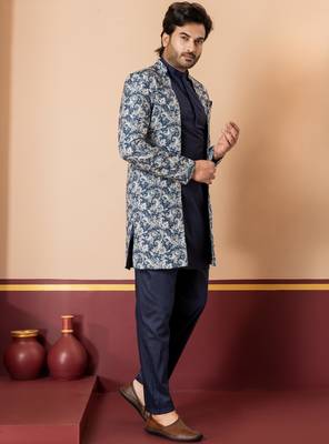 green open sherwani silk blend navy blue kurta pyjama set for men with embroidered work 3