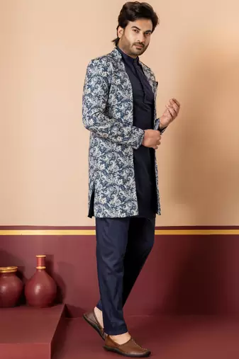 green open sherwani silk blend navy blue kurta pyjama set for men with embroidered work