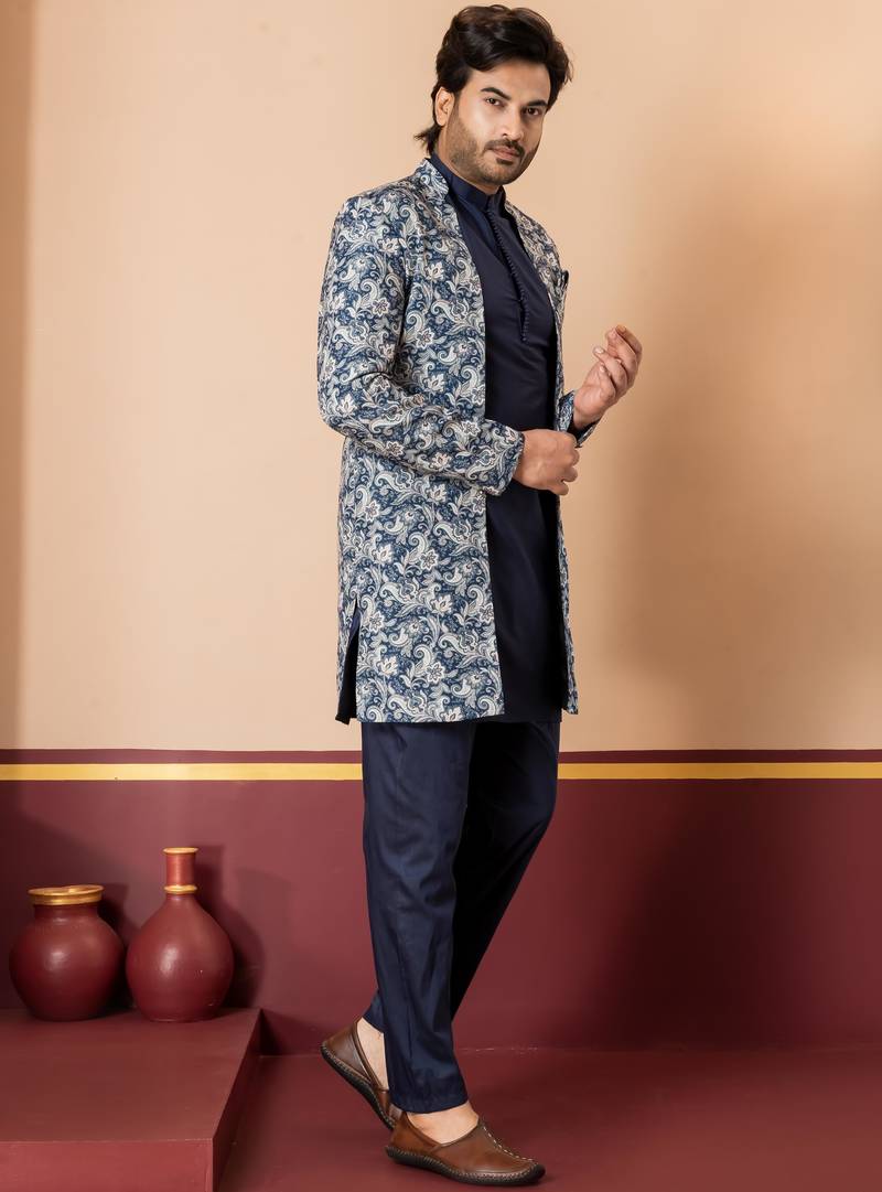 green open sherwani silk blend navy blue kurta pyjama set for men with embroidered work