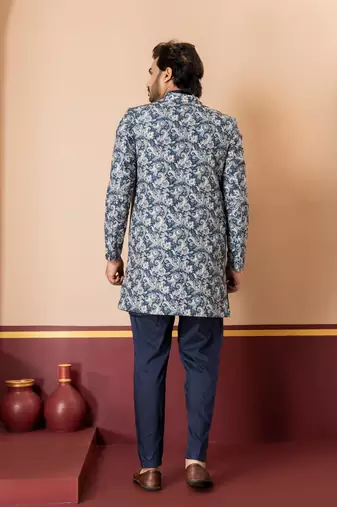 green open sherwani silk blend navy blue kurta pyjama set for men with embroidered work