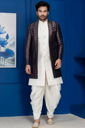 Silk blend white jacquard open sherwani dhoti set for men with embroidered work