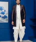 Silk blend white jacquard open sherwani dhoti set for men with embroidered work