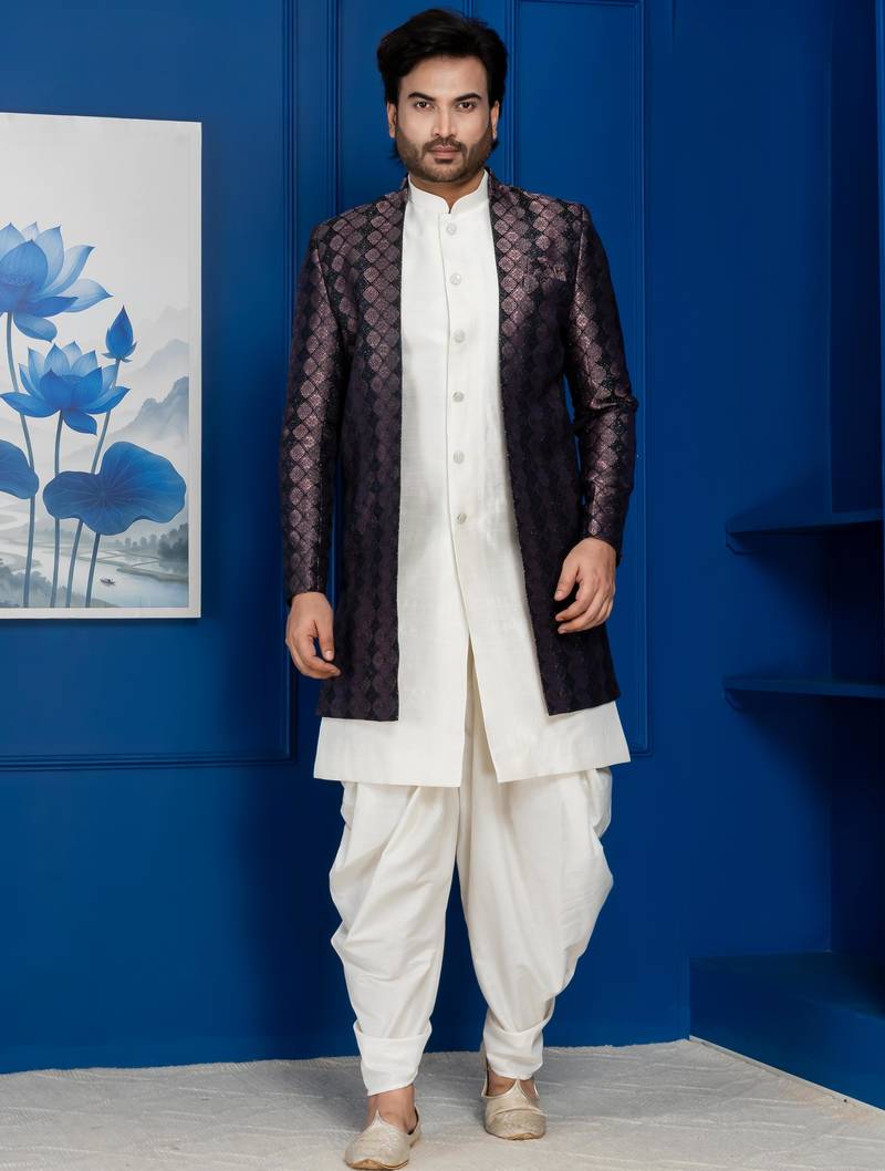 Silk blend white jacquard open sherwani dhoti set for men with embroidered work